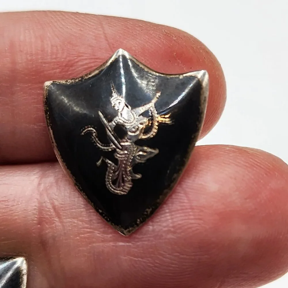 Vintage Siam Sterling Silver Niello Dancer In Shield Cufflinks